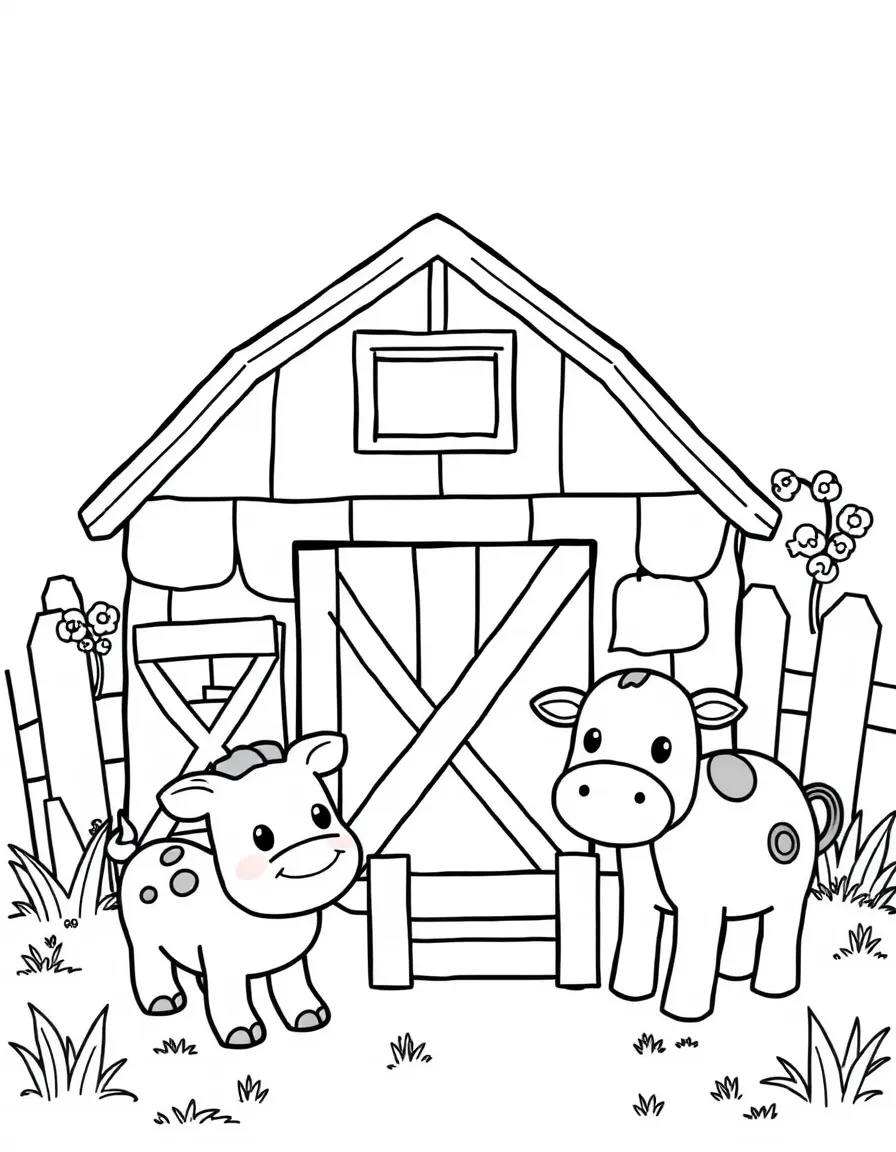 Smiling toy farm with barn and animal friends