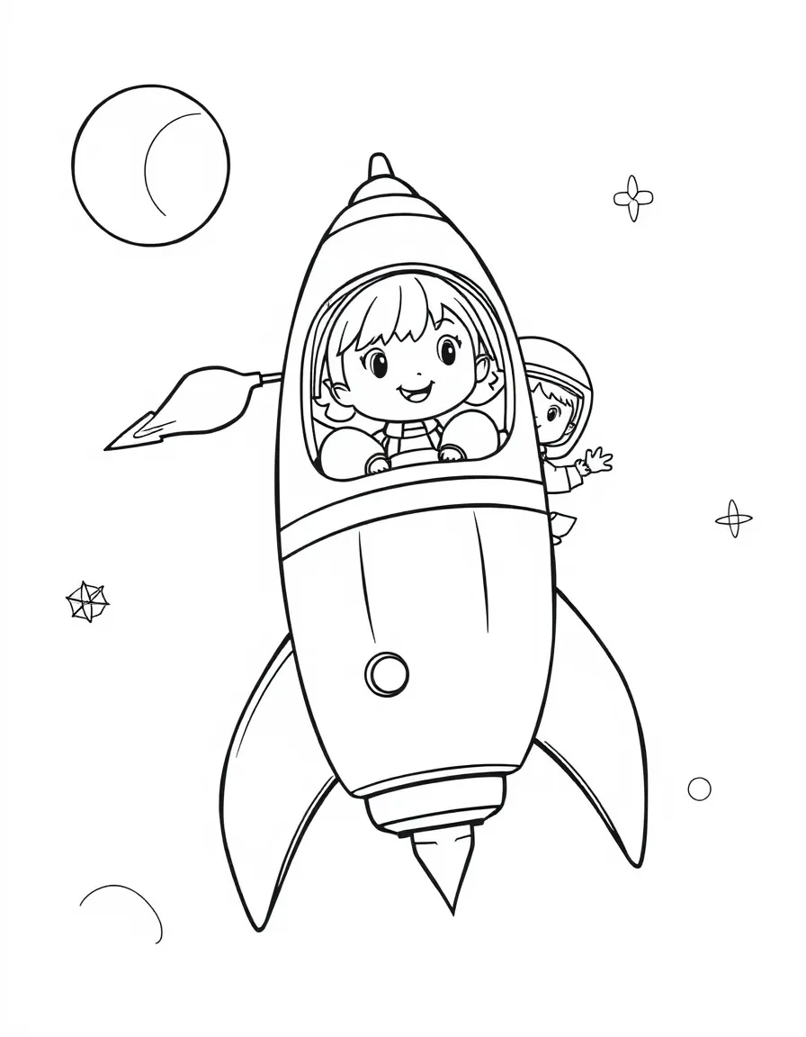 Cute toy rocket ship with space explorer friends