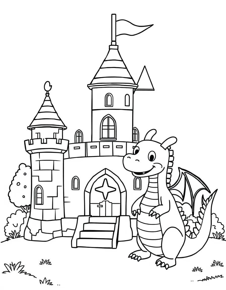 Cute toy castle with knight and dragon friends