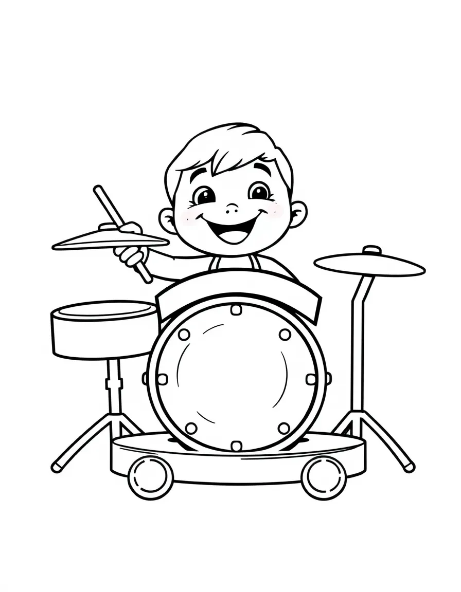 Smiling toy drum set with stick and cymbal friends