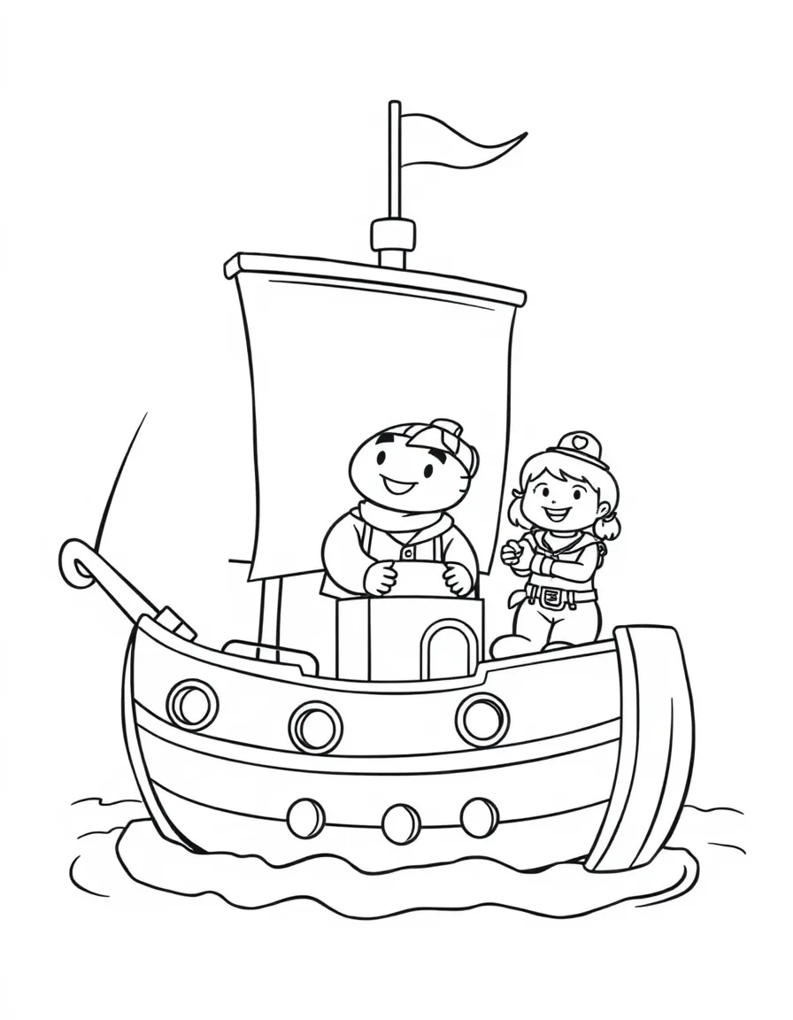 Happy toy sailing ship with captain and crew friends