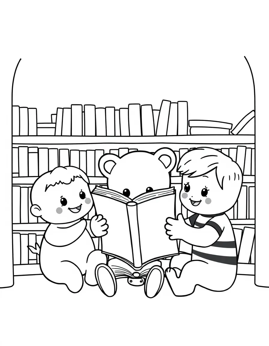 Cute toy library with book and reading friends