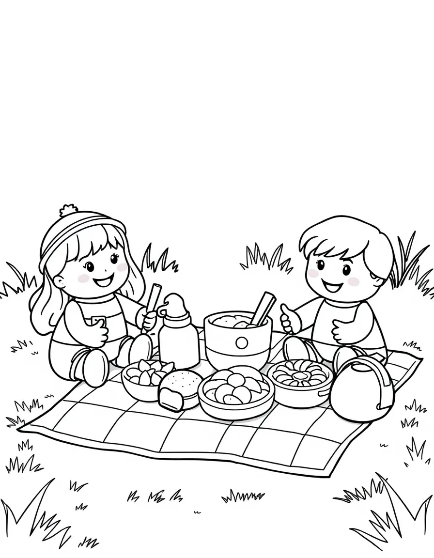 Happy toy picnic set with food and blanket friends