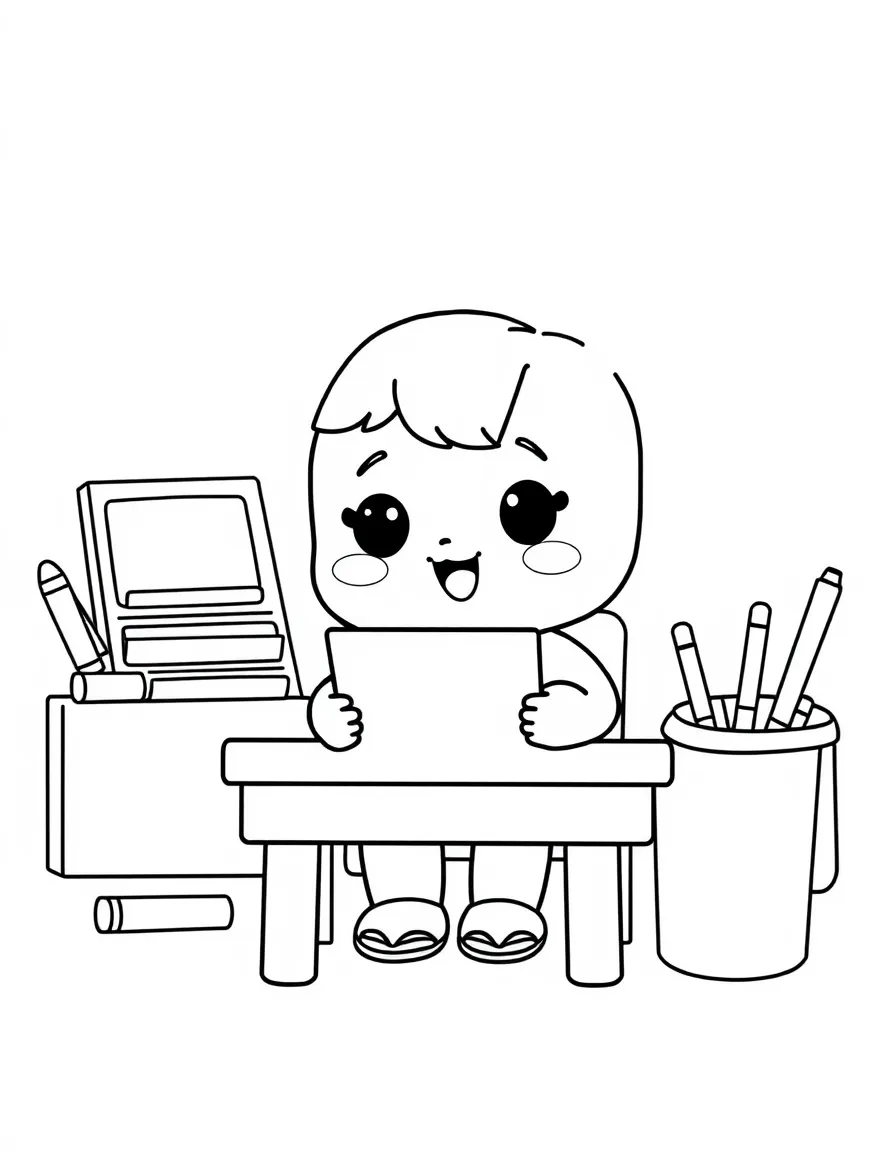 Kawaii toy school with desk and supply friends