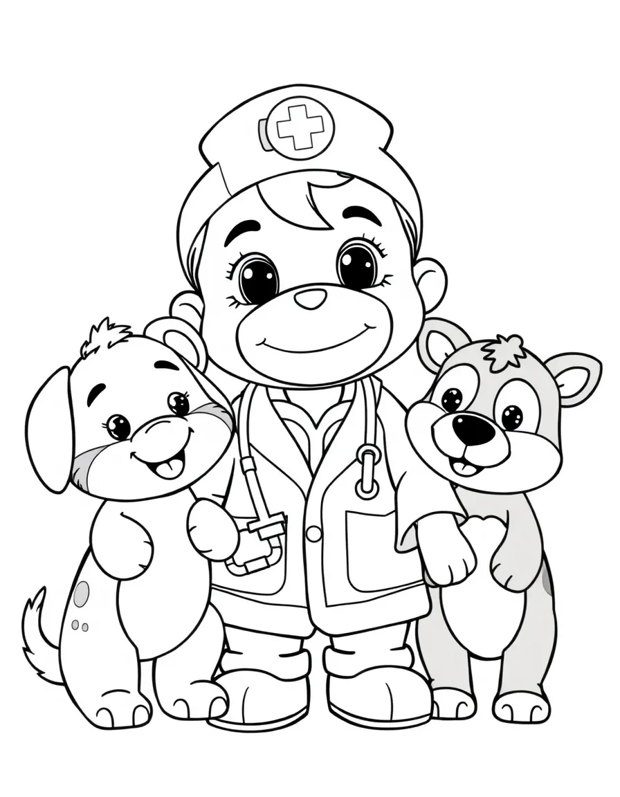 Adorable toy veterinarian with animal patient friends