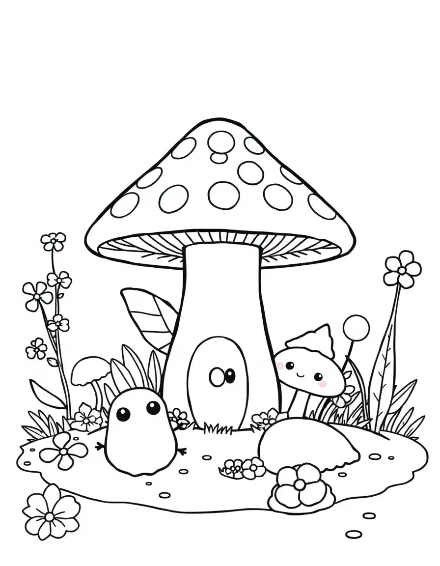 Kawaii toy fairy garden with toadstool and creature friends