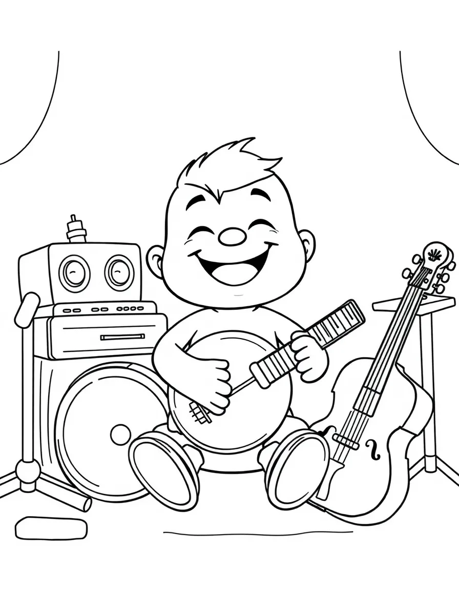 Smiling toy music studio with instrument and note friends