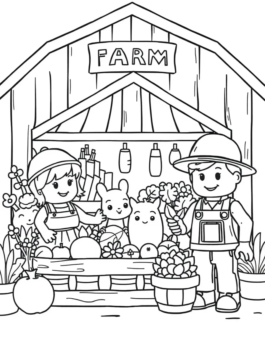 Happy toy farm market with produce and customer friends