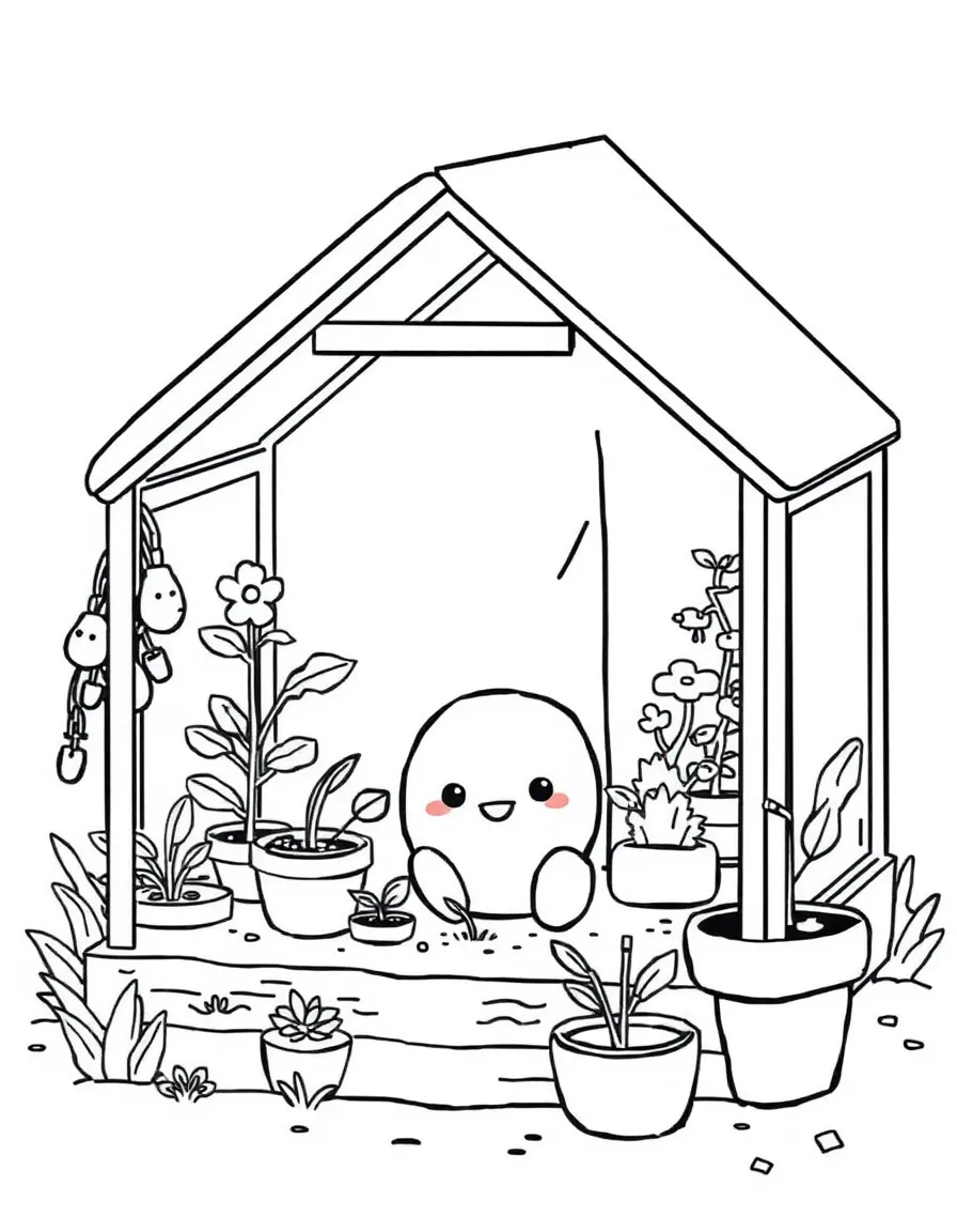 Kawaii toy greenhouse with plant and gardening friends