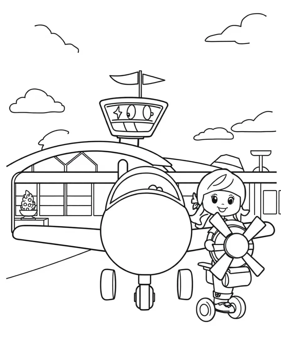 Happy toy airport with plane and passenger friends
