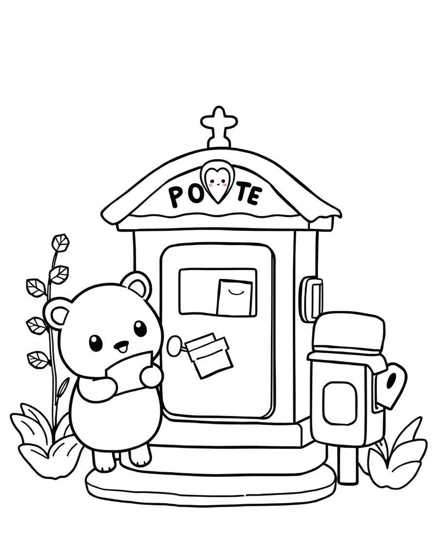 Kawaii toy post office with mail and package friends