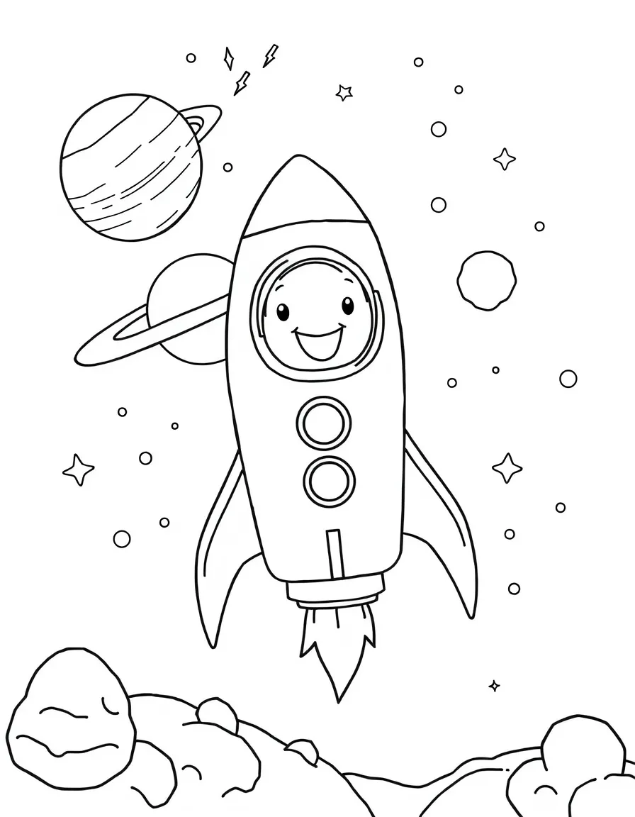 Happy toy space exploration with rocket and planet friends