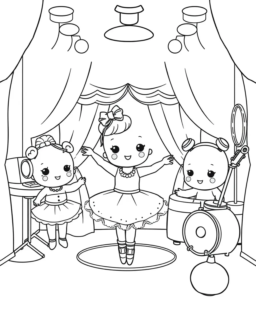 Kawaii toy ballet studio with dancer and music friends