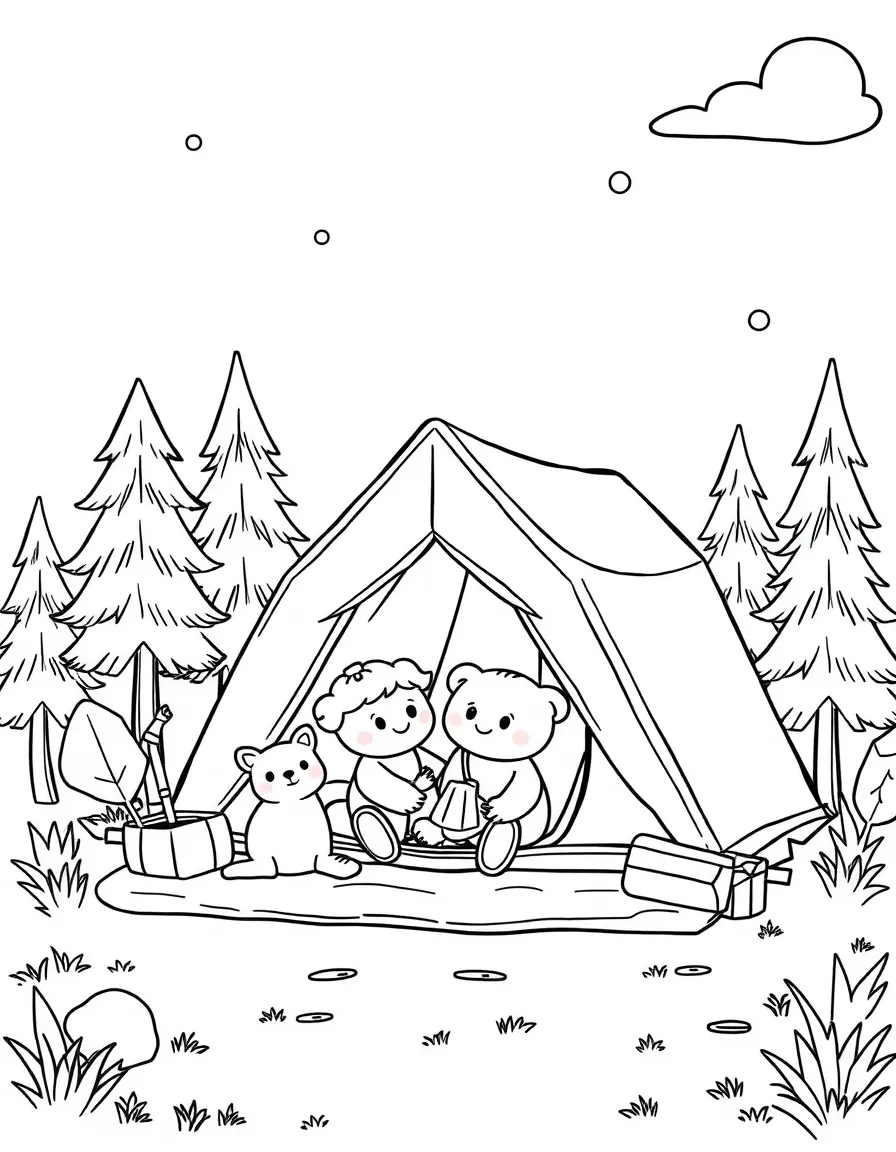 Happy toy camping trip with tent and nature friends