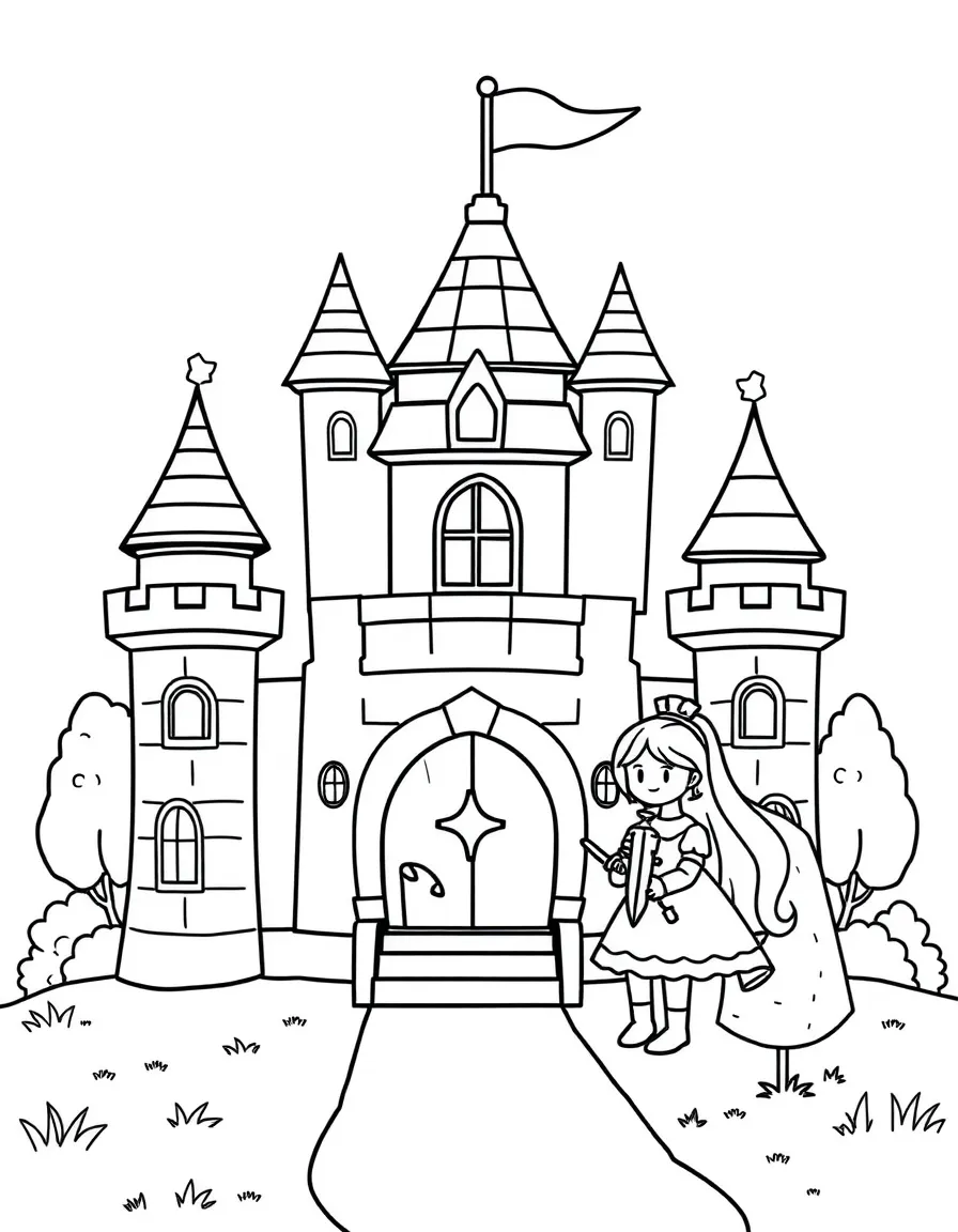 Cute toy castle with knight and princess friends
