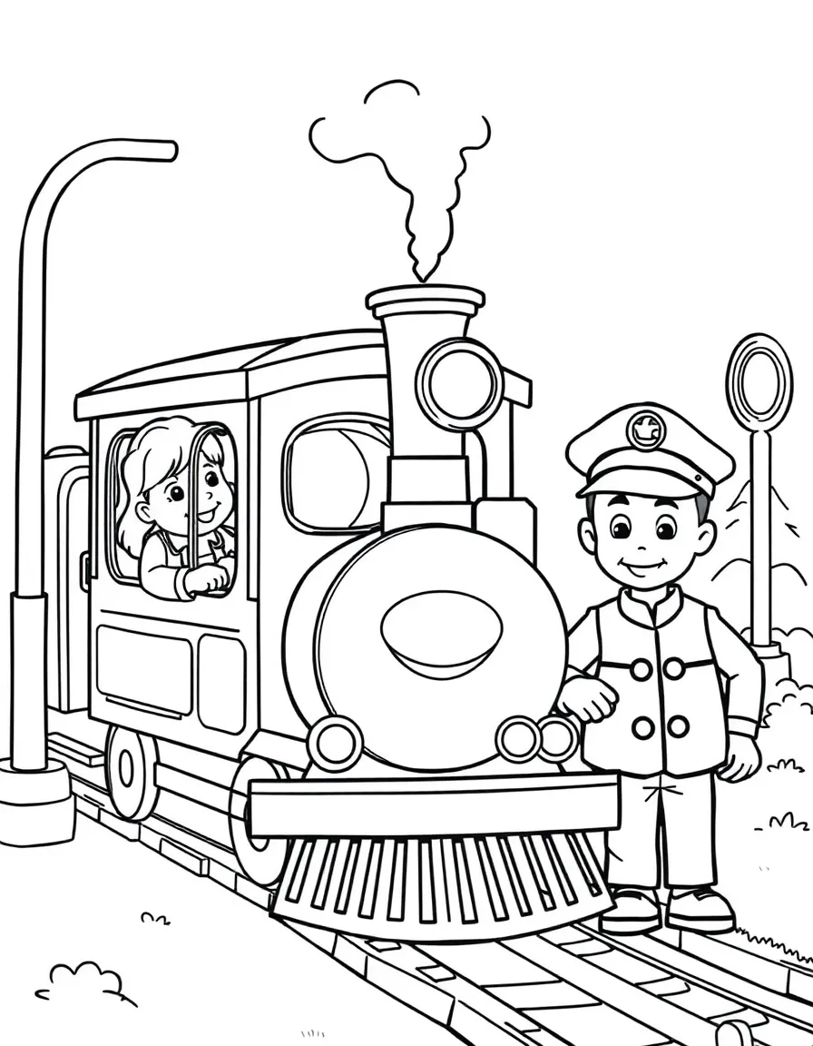 Smiling toy train station with passenger and conductor friends