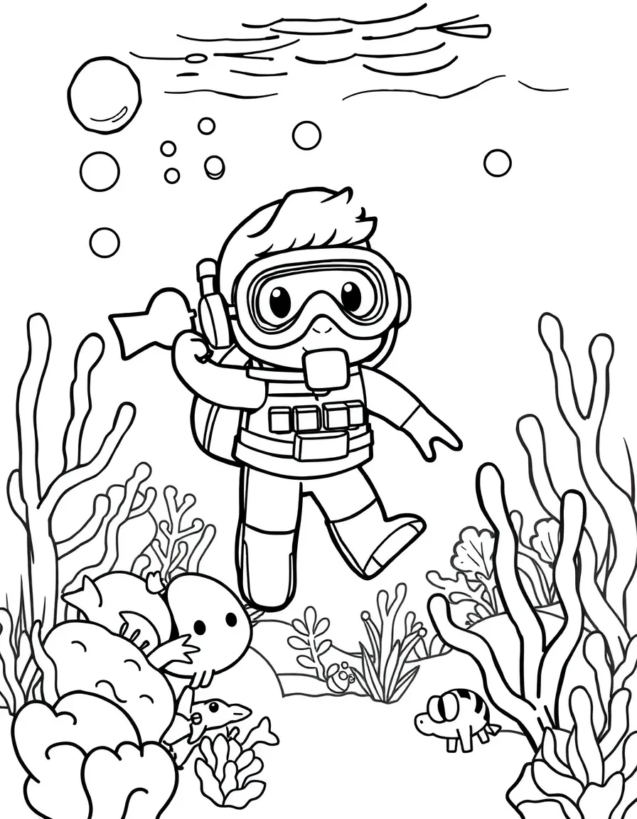 Cute toy underwater scene with diver and sea creature friends