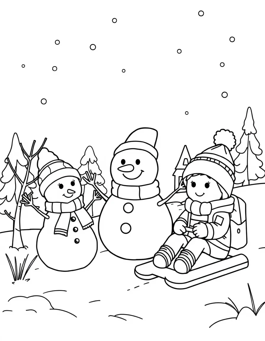 Happy toy winter wonderland with snowman and sledding friends