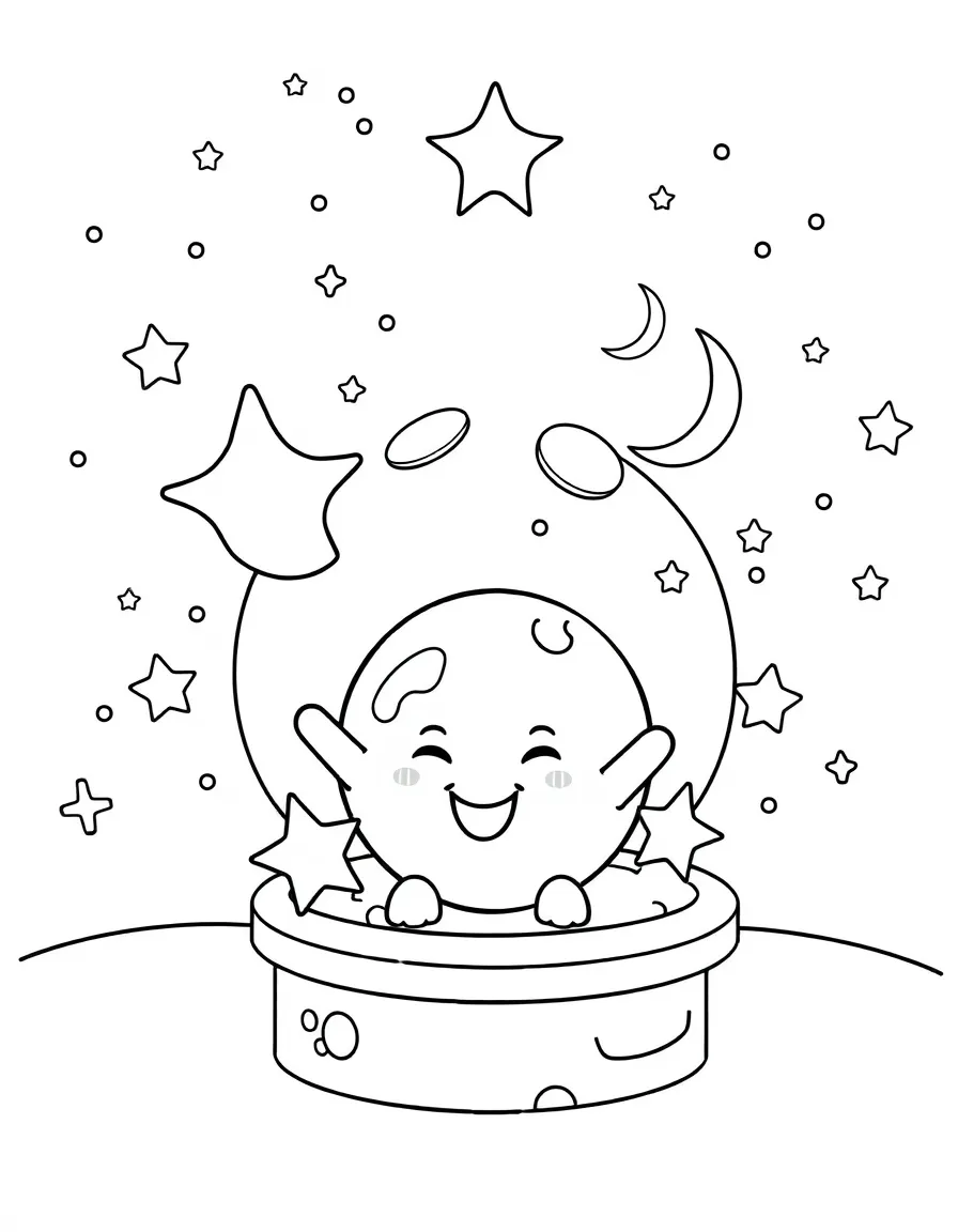 Smiling toy planetarium with star and moon friends