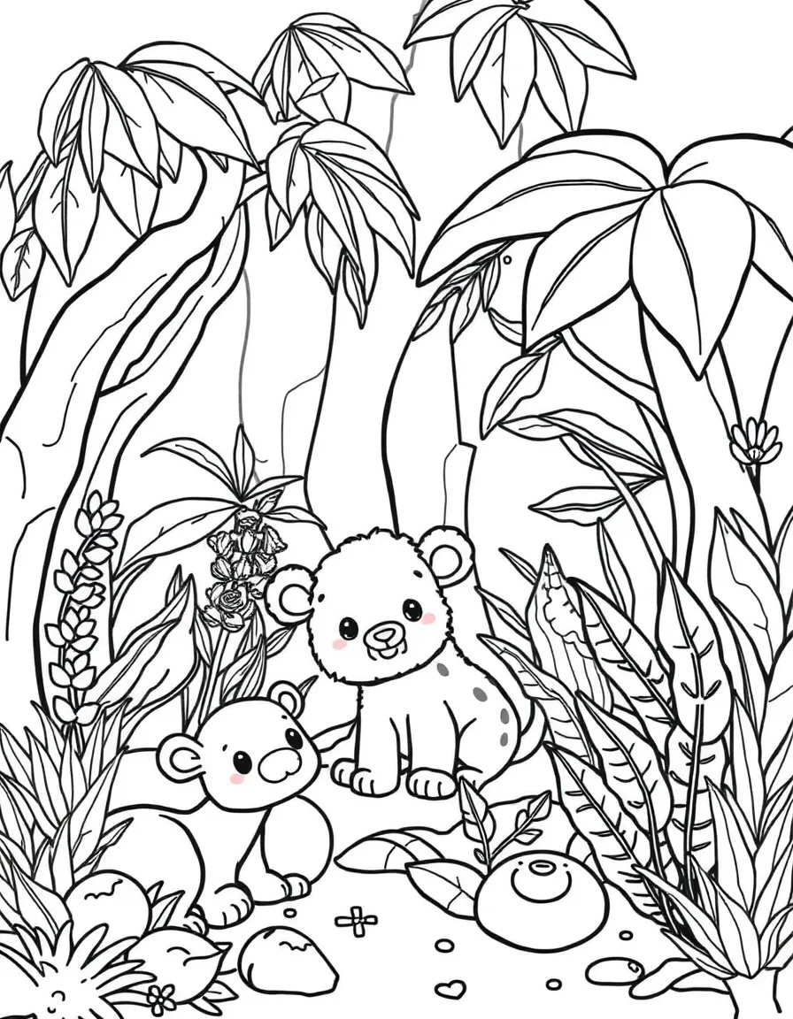 Cute toy rainforest with animal and plant friends