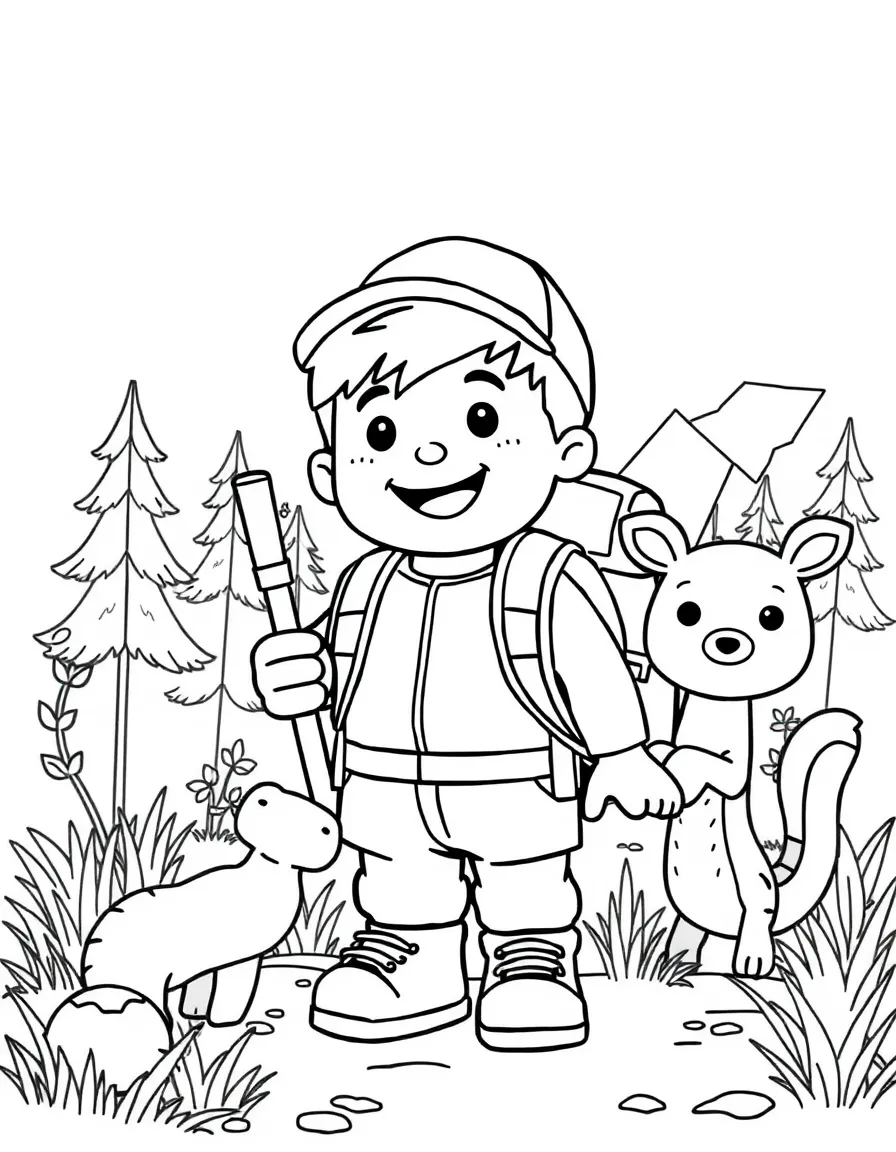 Happy toy nature hike with backpack and wildlife friends