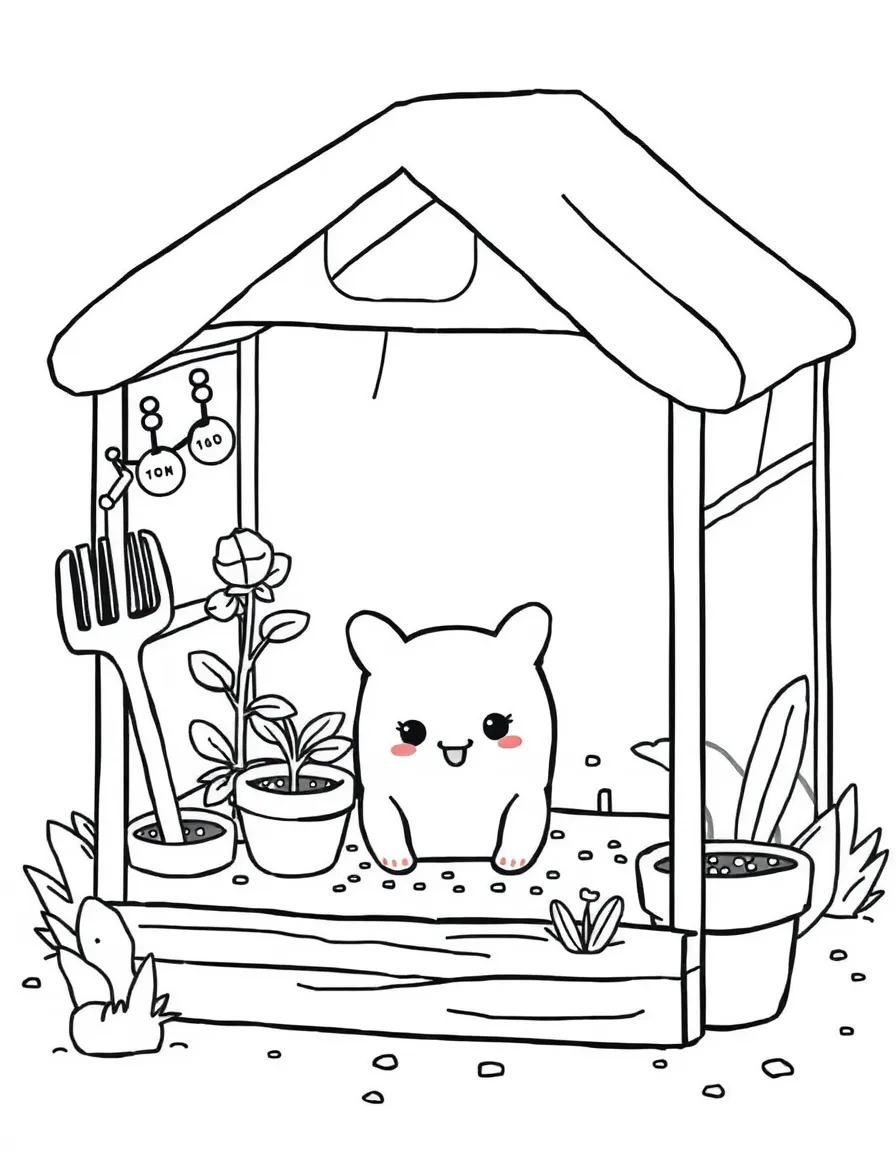 Kawaii toy greenhouse with plant and garden tool friends