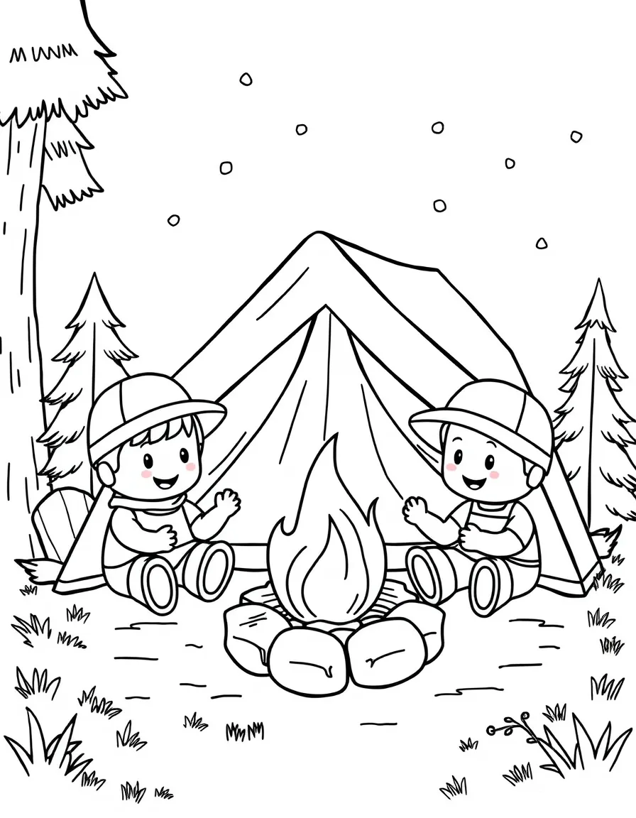 Happy toy camping trip with tent and campfire friends
