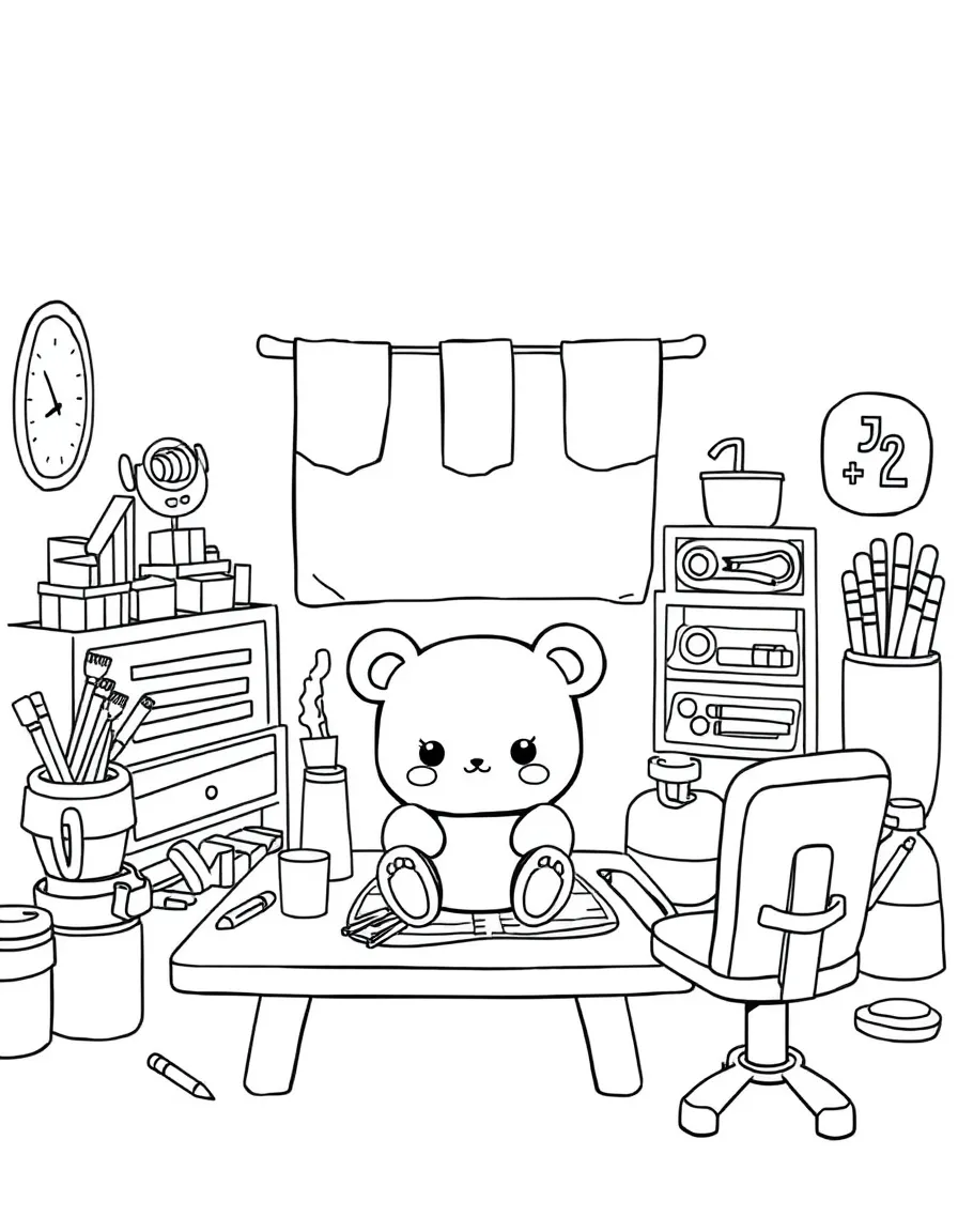 Kawaii toy craft studio with supplies and project friends