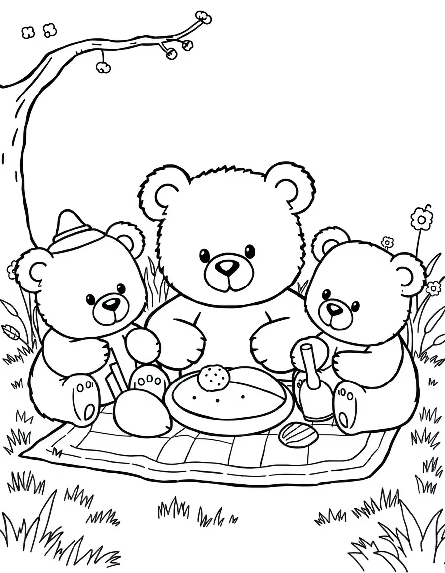 Cute toy teddy bear picnic with food and bear friends