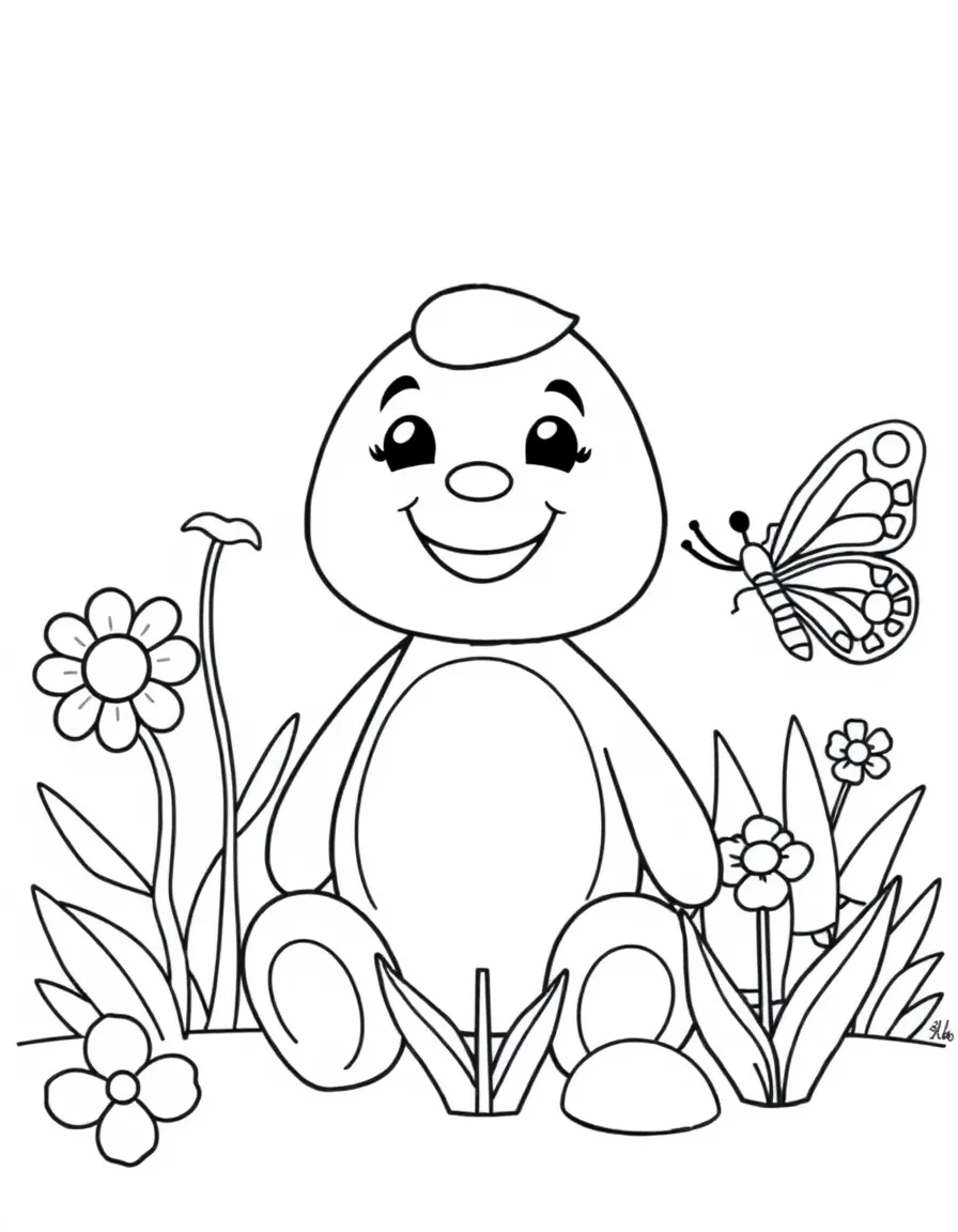 Smiling toy spring garden with flower and butterfly friends