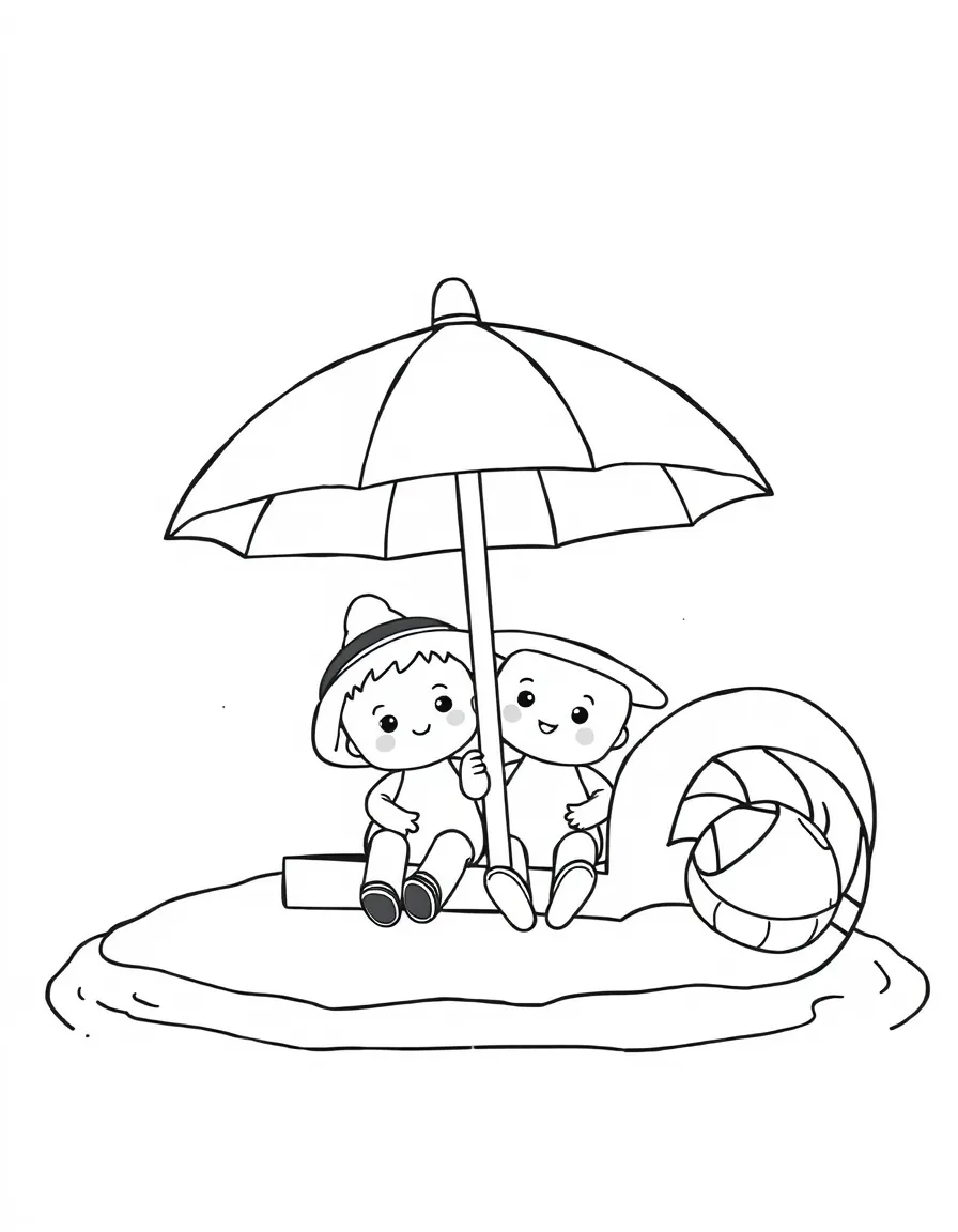 Cute toy summer beach with umbrella and wave friends