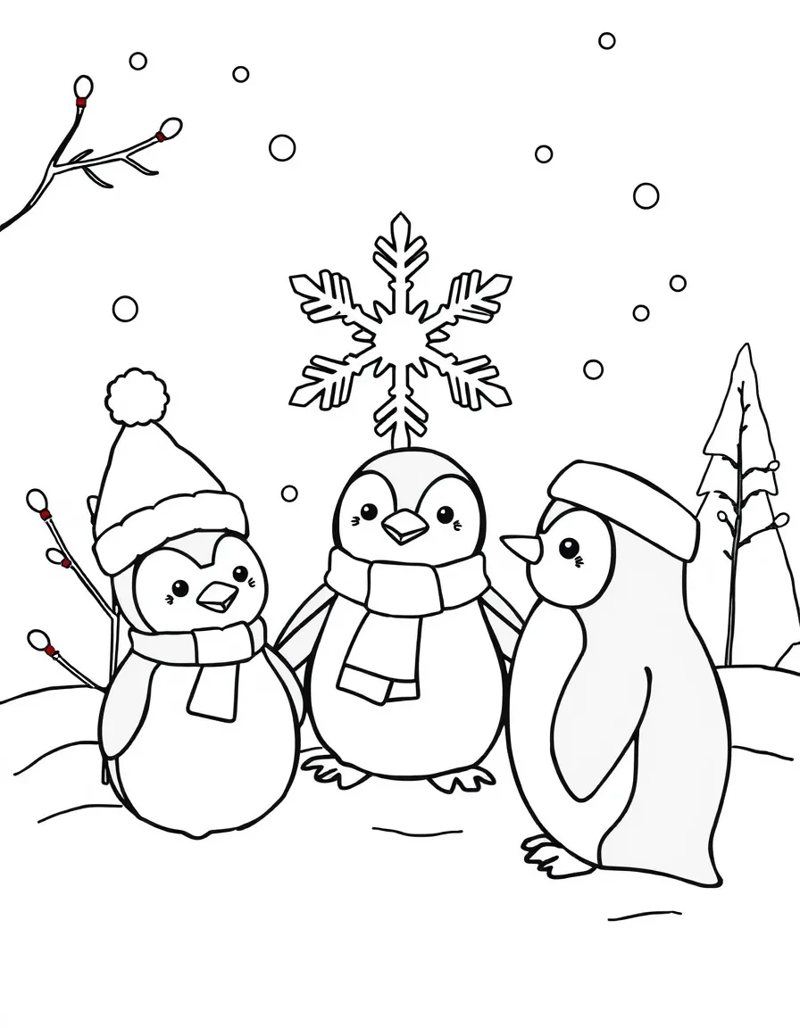 Adorable toy winter scene with snowflake and penguin friends