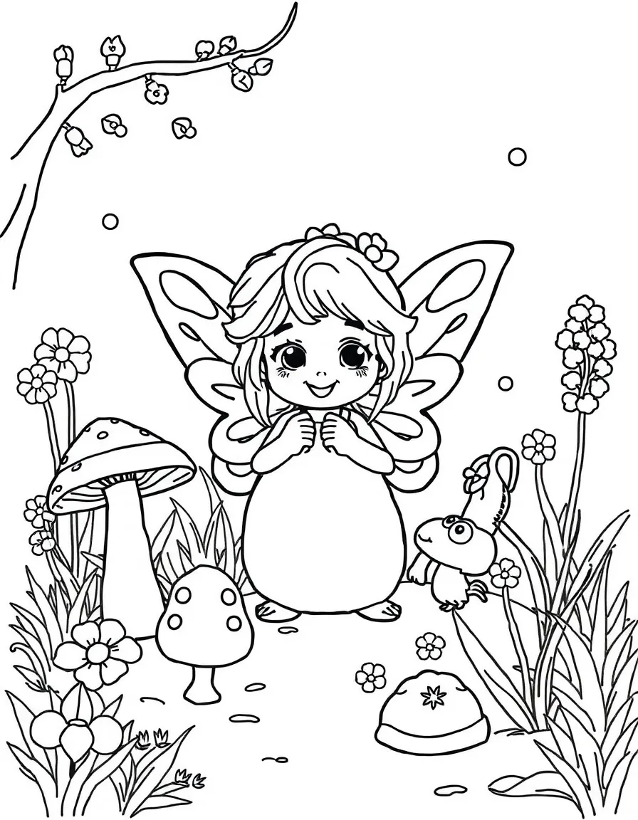 Happy toy fairy garden with mushroom and sprite friends