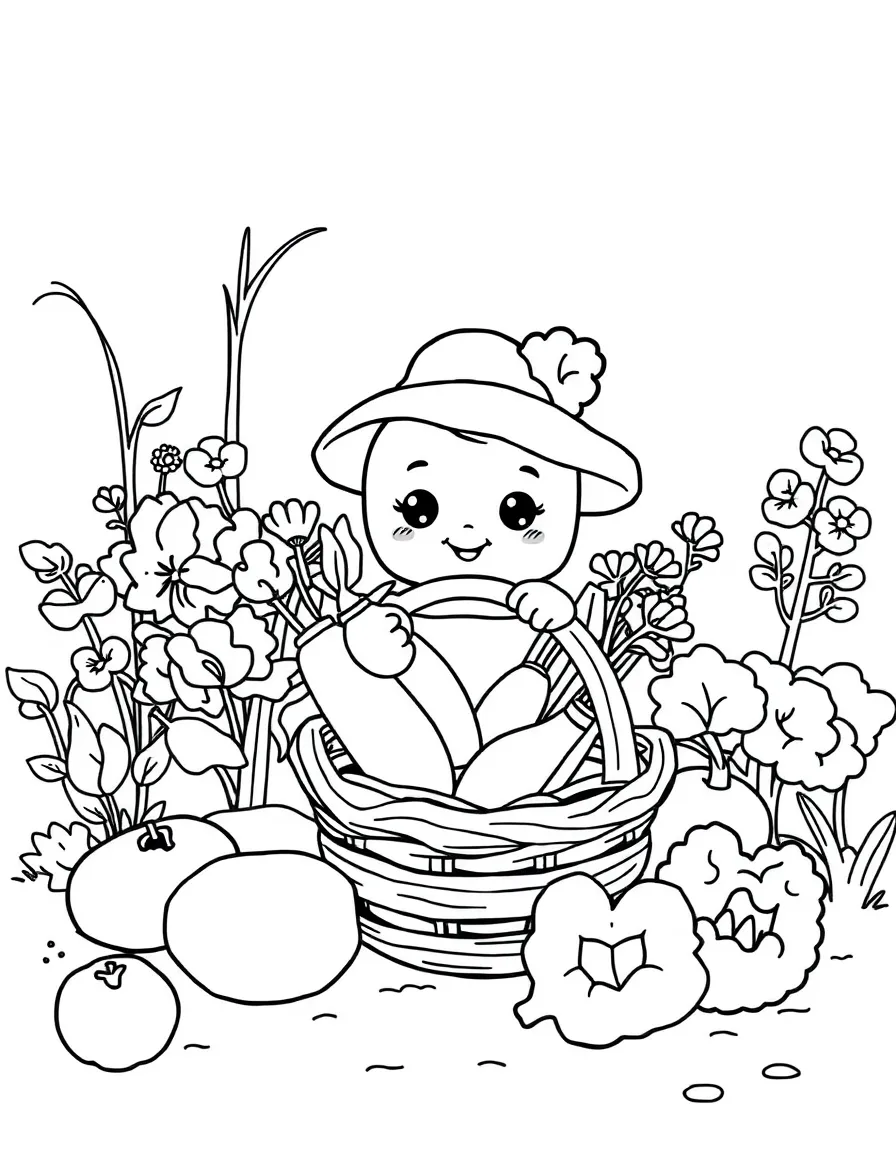 Cute toy garden harvest with vegetable and basket friends