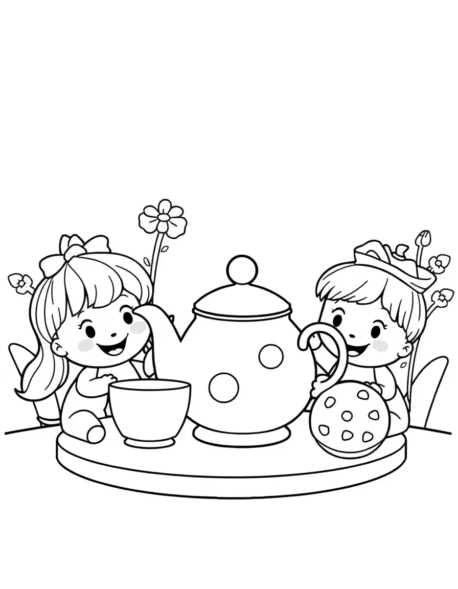 Happy toy tea party with teapot and cookie friends
