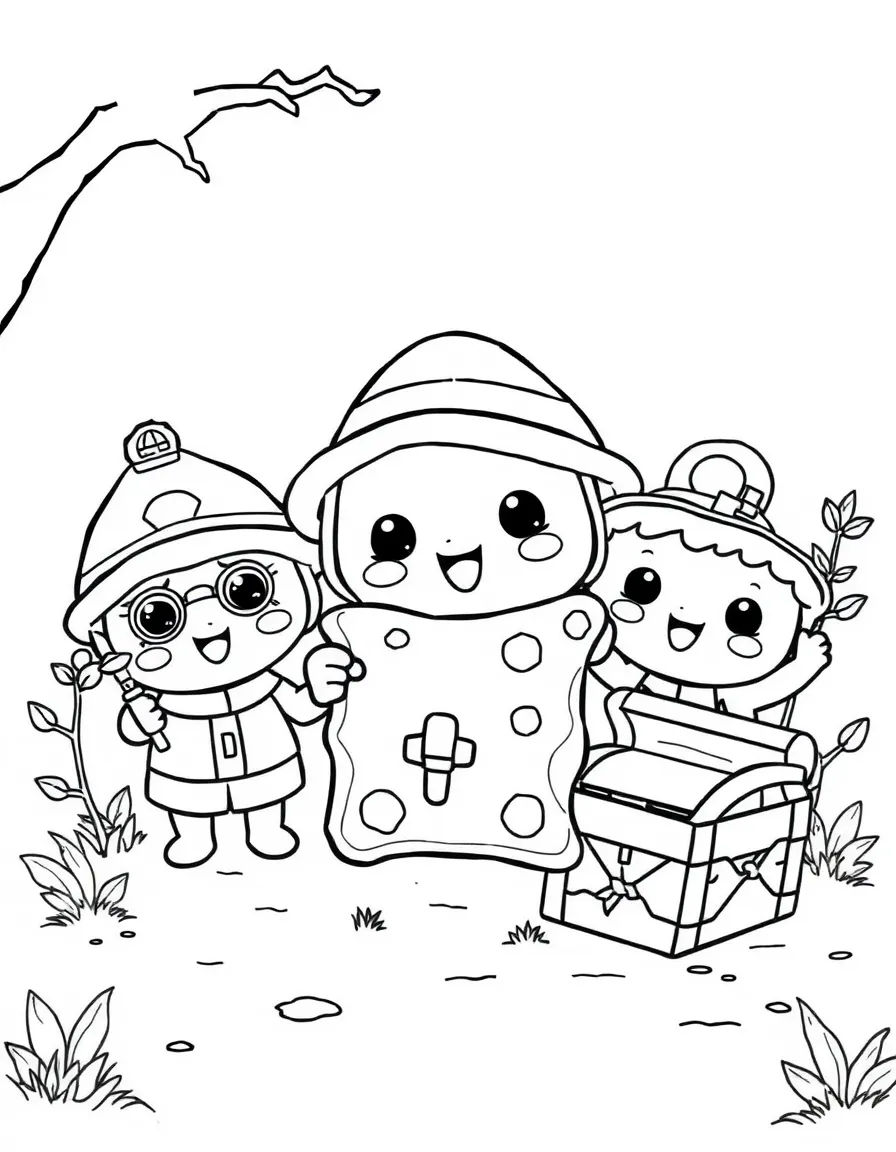 Kawaii toy treasure hunt with map and chest friends