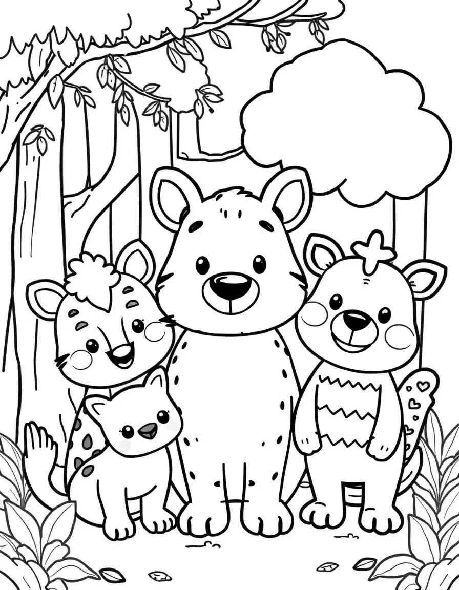 Smiling toy forest friends with animal and tree pals