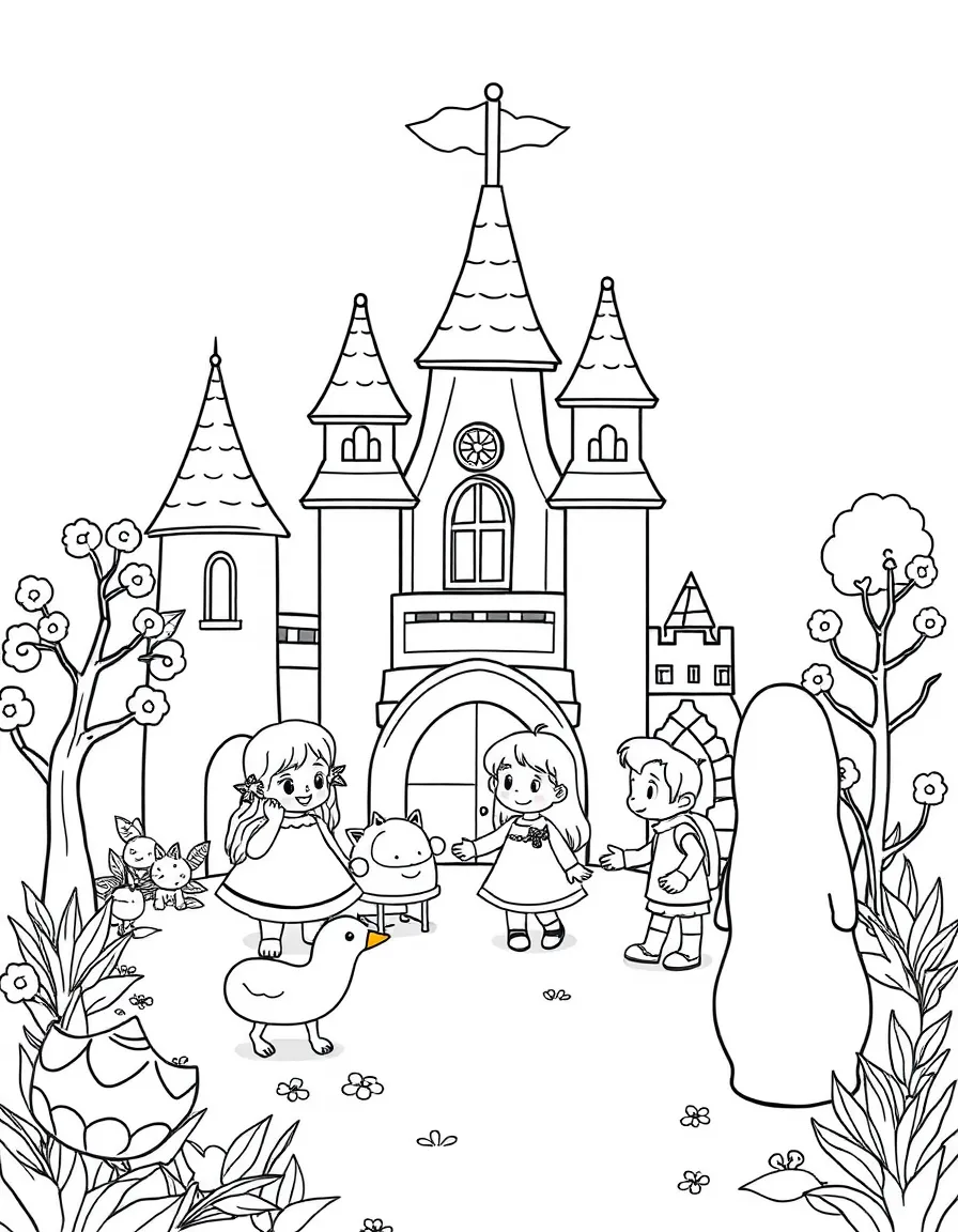 Cute toy fairy tale scene with character and castle friends