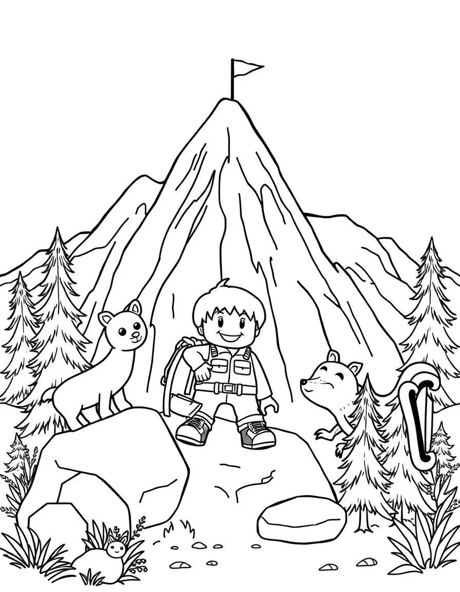 Happy toy mountain adventure with climber and wildlife friends