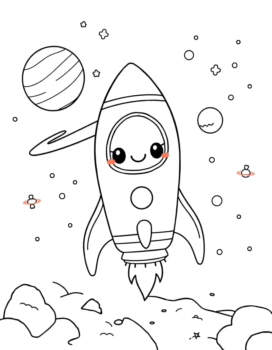 Kawaii toy outer space journey with rocket and planet friends