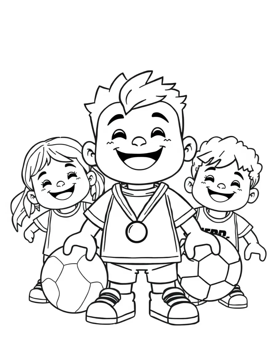 Smiling toy sports day with ball and medal friends