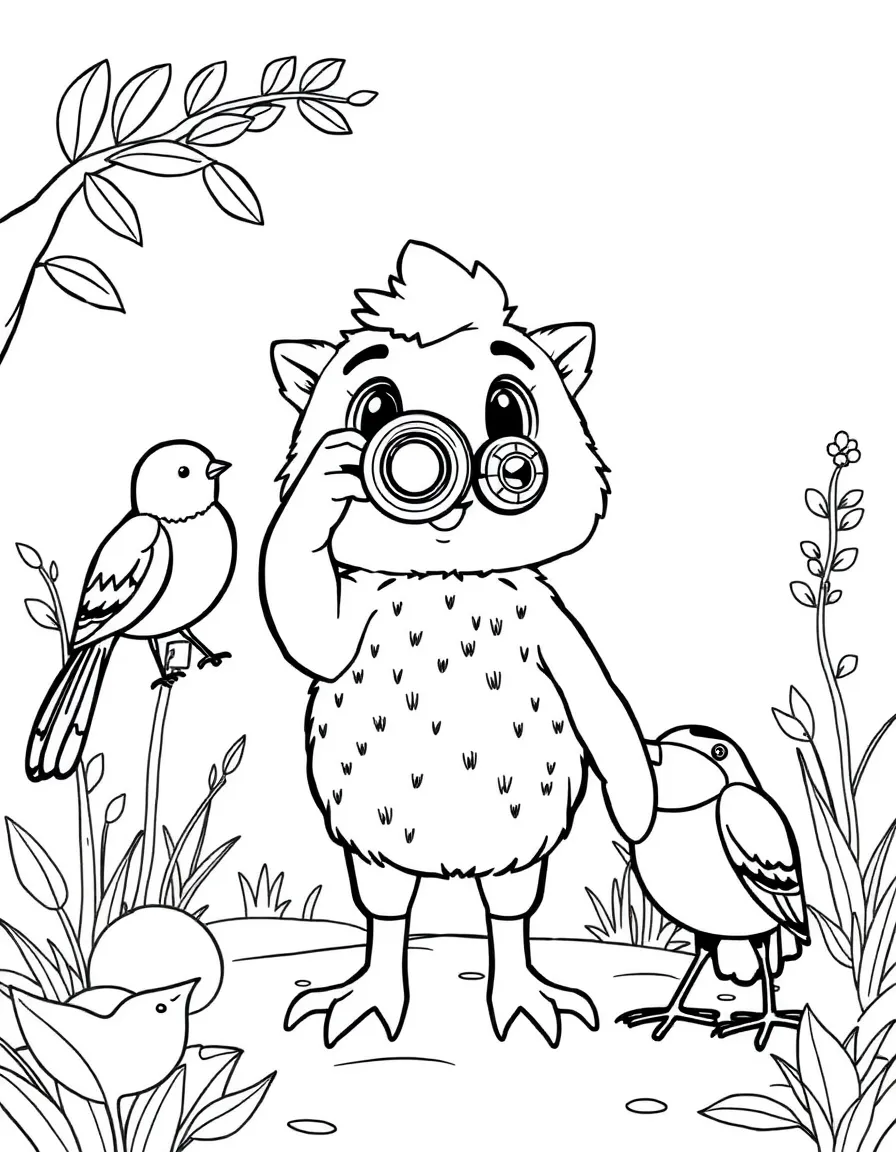 Adorable toy nature day with binoculars and bird friends