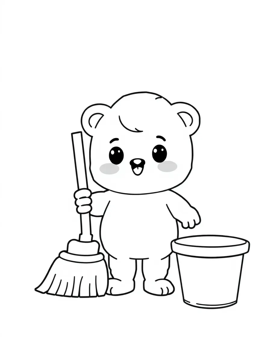 Kawaii toy cleaning day with broom and bucket friends