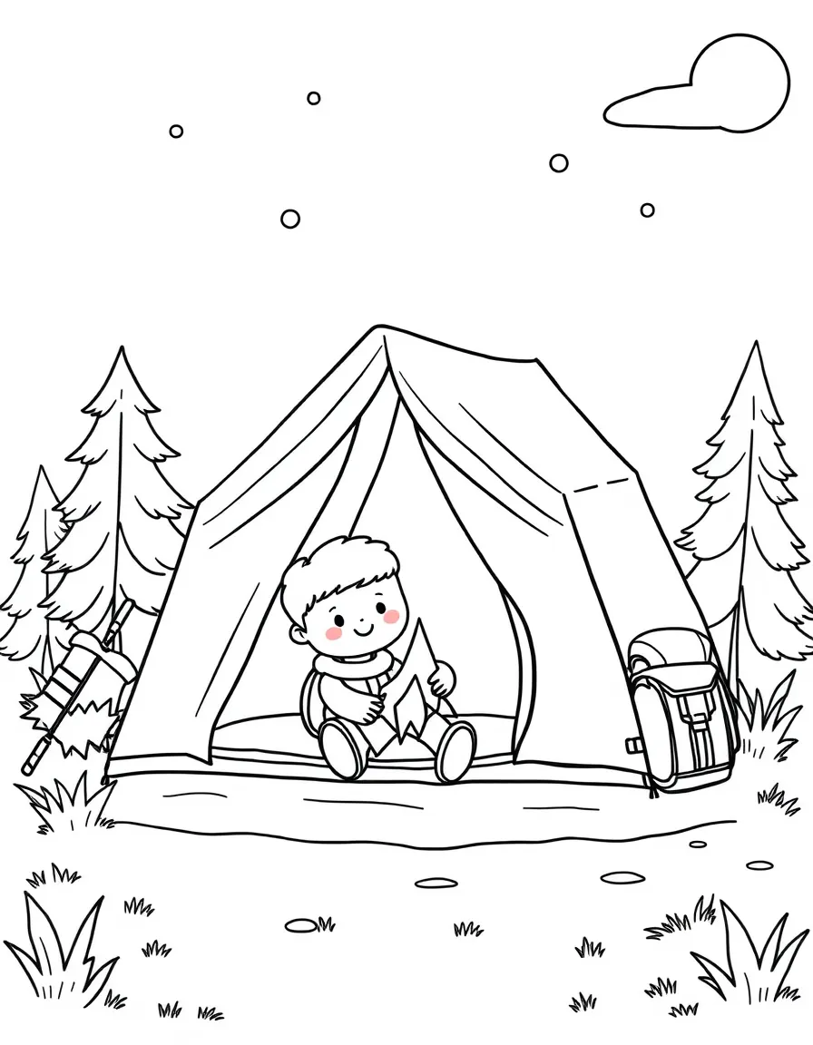 Cute toy camping day with tent and backpack friends