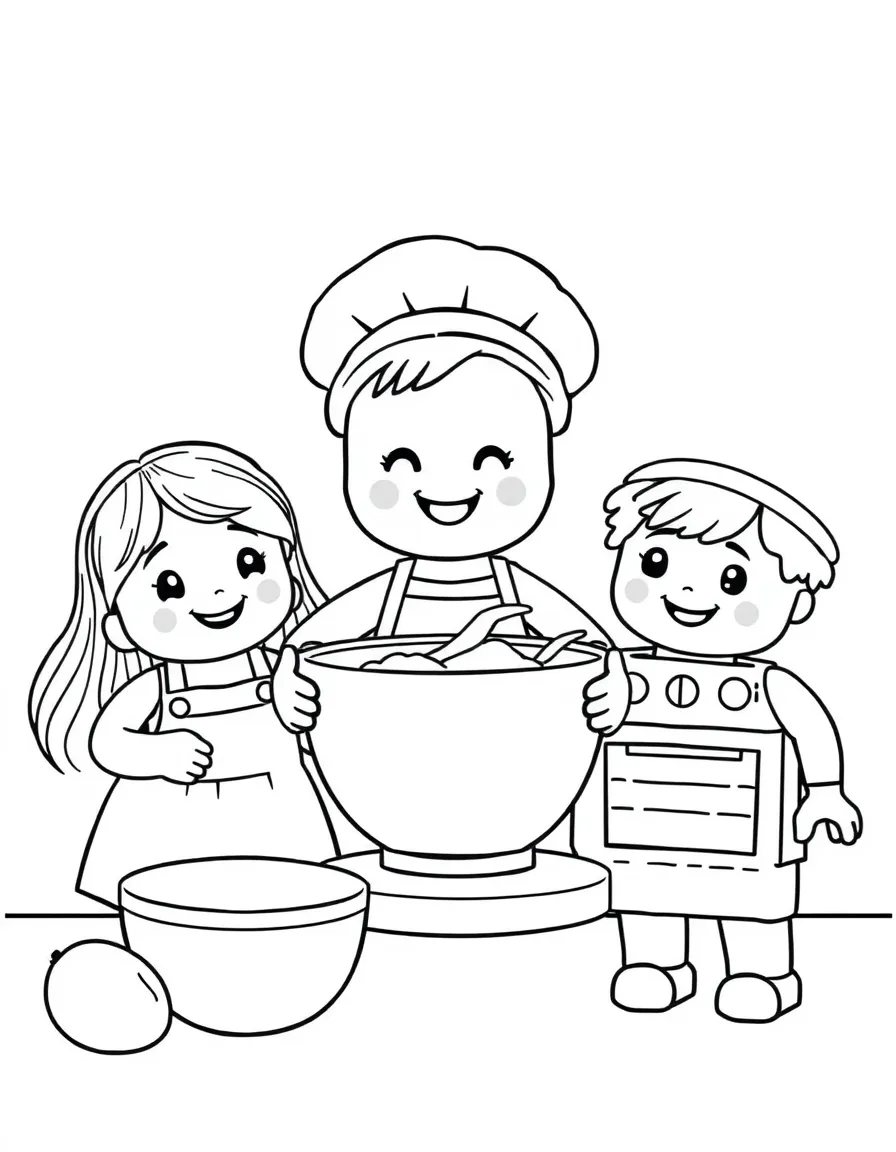 Happy toy baking day with mixing bowl and oven friends