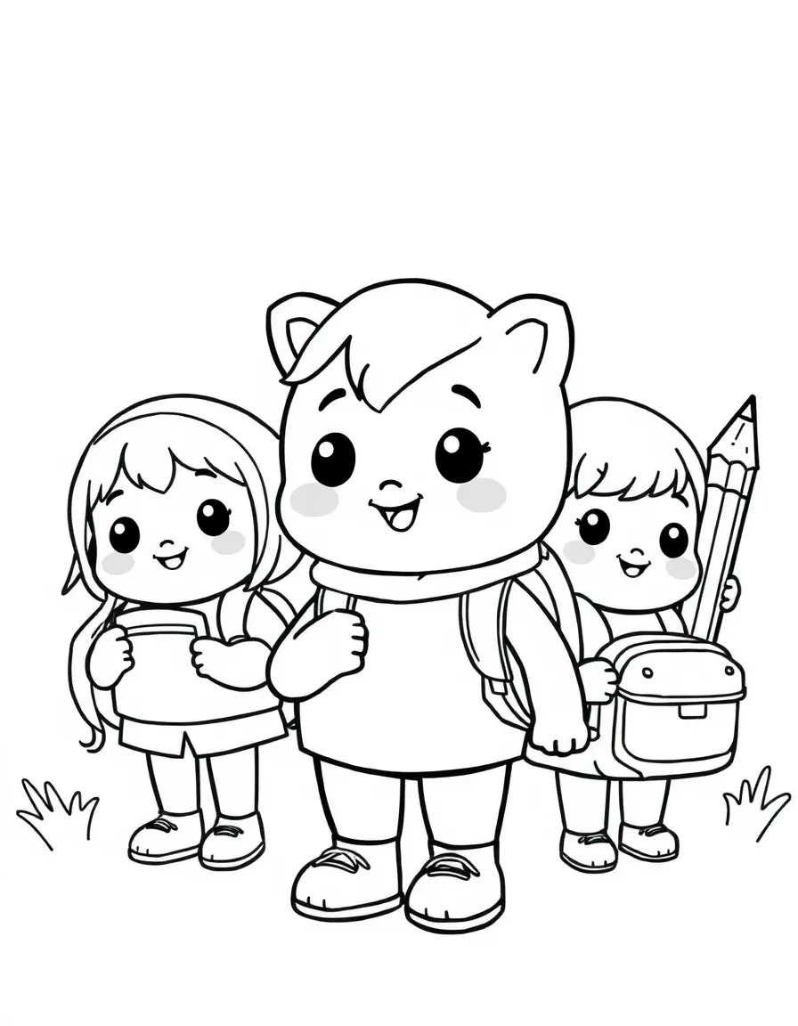 Kawaii toy school day with backpack and pencil friends