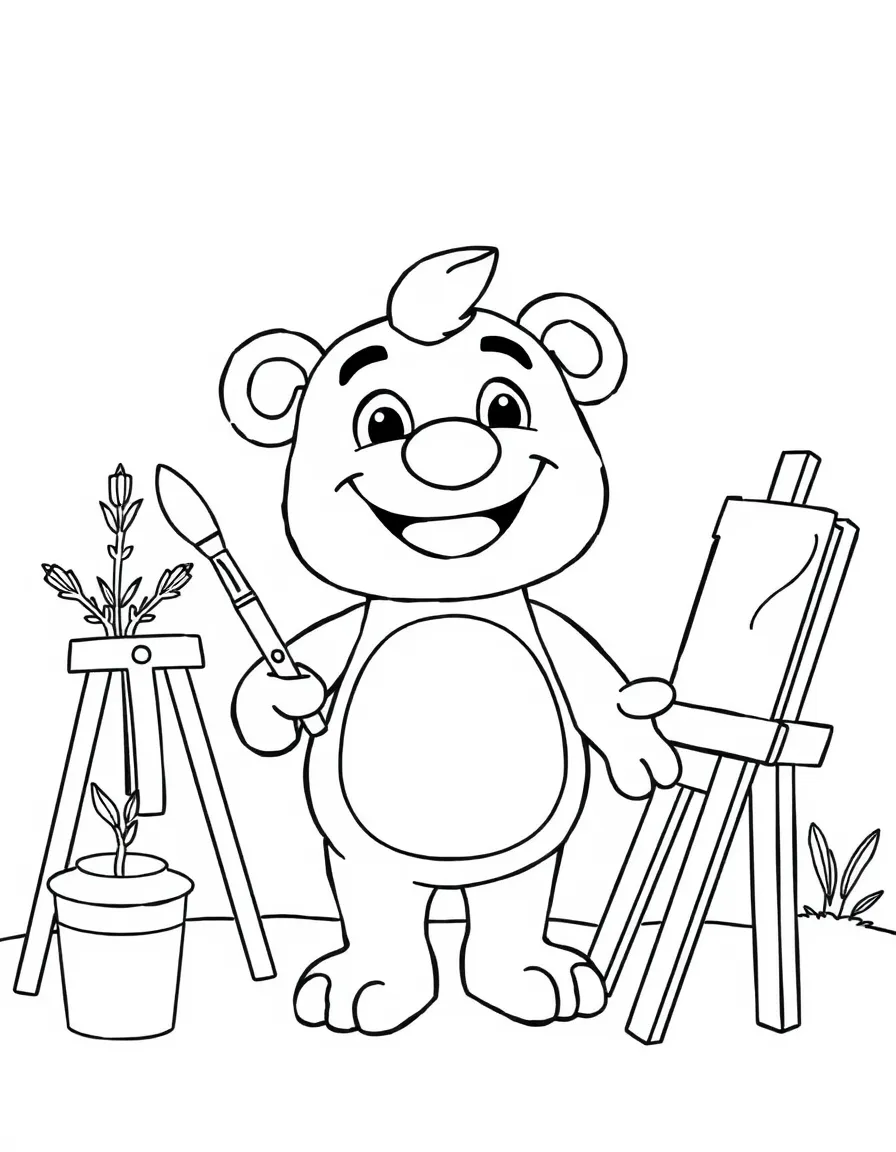 Smiling toy art day with paintbrush and easel friends