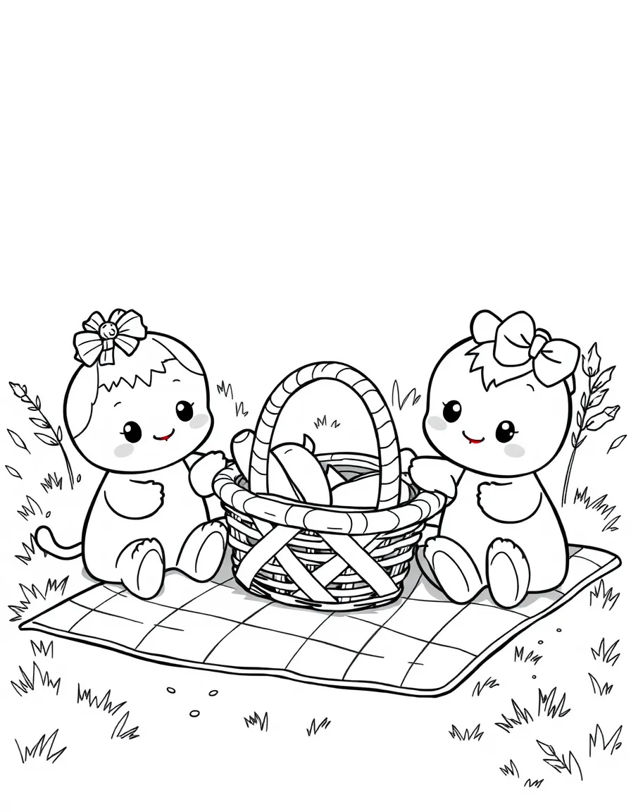 Adorable toy picnic day with basket and blanket friends