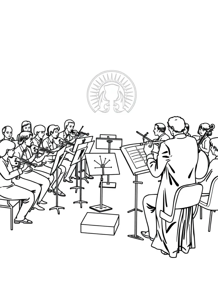 Symphony orchestra arranged in traditional formation with conductor