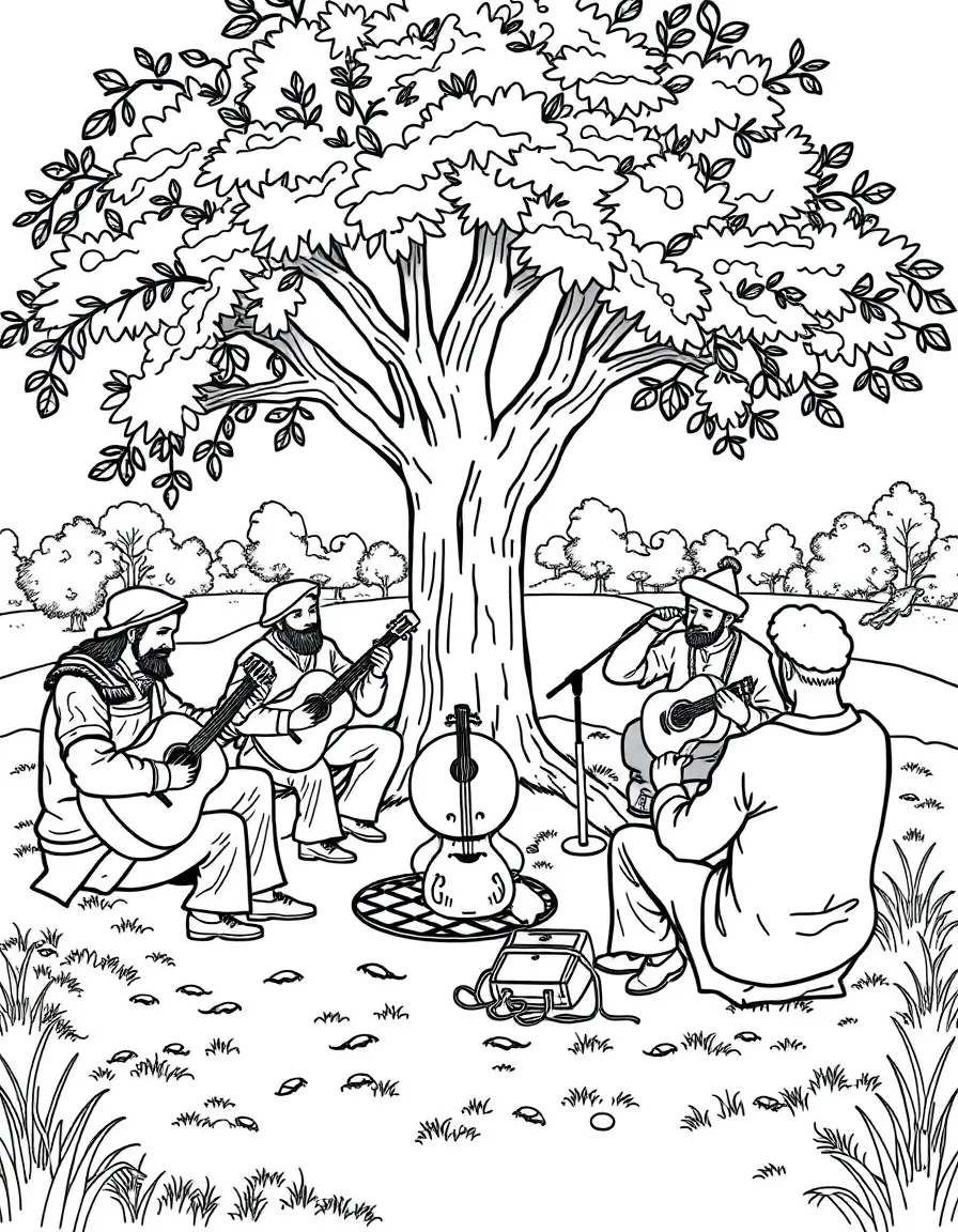 Folk band with acoustic instruments sitting in a circle under a tree